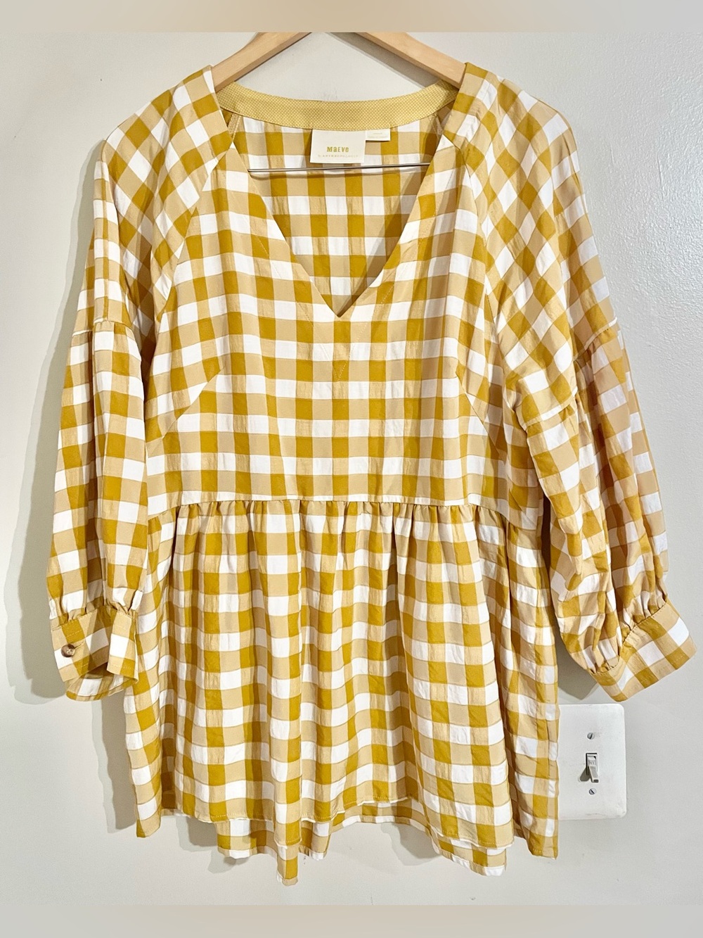 Anthropologie Maeve Yellow and White April Gingham Baby Doll Top Sz Medium